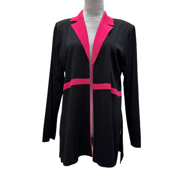 Misook Black & Pink Open Cardigan Jacket Tunic Sweater L Acrylic Knit Made Korea - Picture 1 of 7